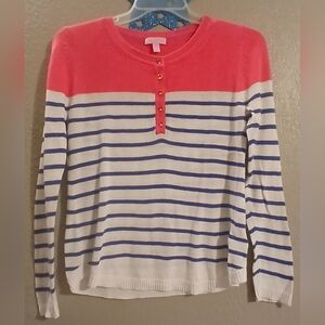 Lilly Pultizer Sweater Womens Mediu Pink Lux Henley Colorblock Stripe All Cotton